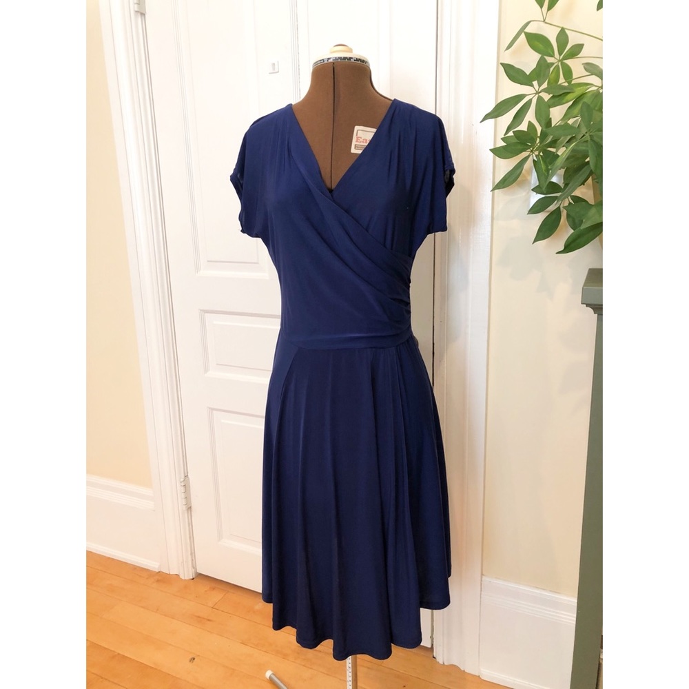 Navy Blue Wrap-Top A-Line Flared Dress